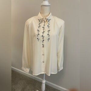 Vintage Koret Long Sleeve Cream Floral Embroidered Career Blouse Women’s…